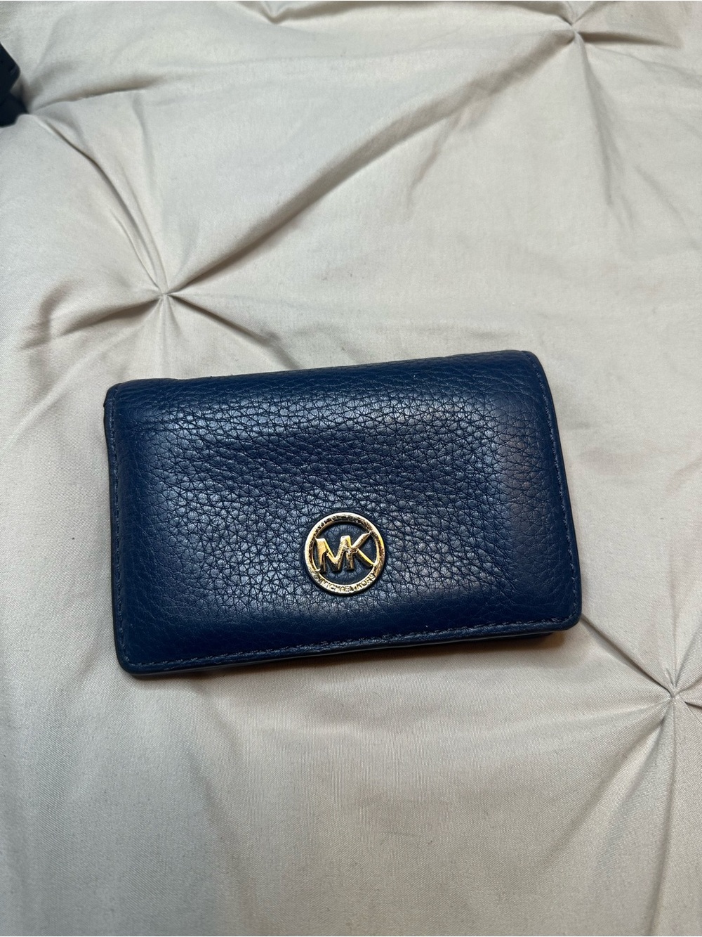 Michael Kors Deep Navy Pebbled Leather Card Case with Gold MK Emblem